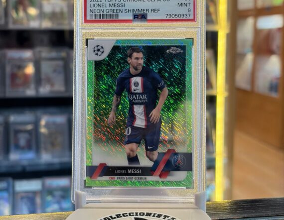 CARTA Lionel Messi Neon Green Shimmer Ref 2022 Topps Chrome UEFA CC #1 MINT 9